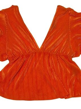 Women's Orange V-Neck Pleated Peplum Top